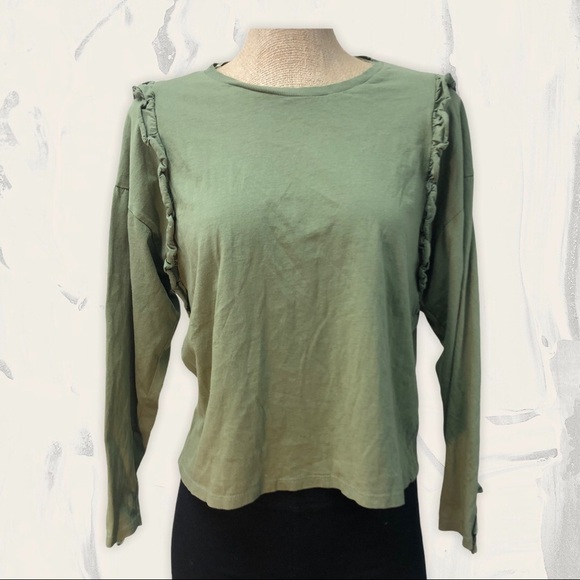 ZARA‎ army green ruffle long sleeve top - Picture 1 of 8